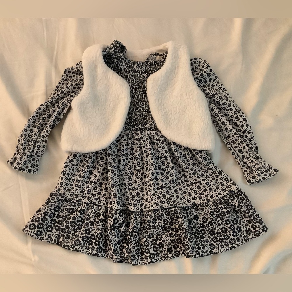 Btween baby toddler flower dress with furry white cloud vest set 24 months